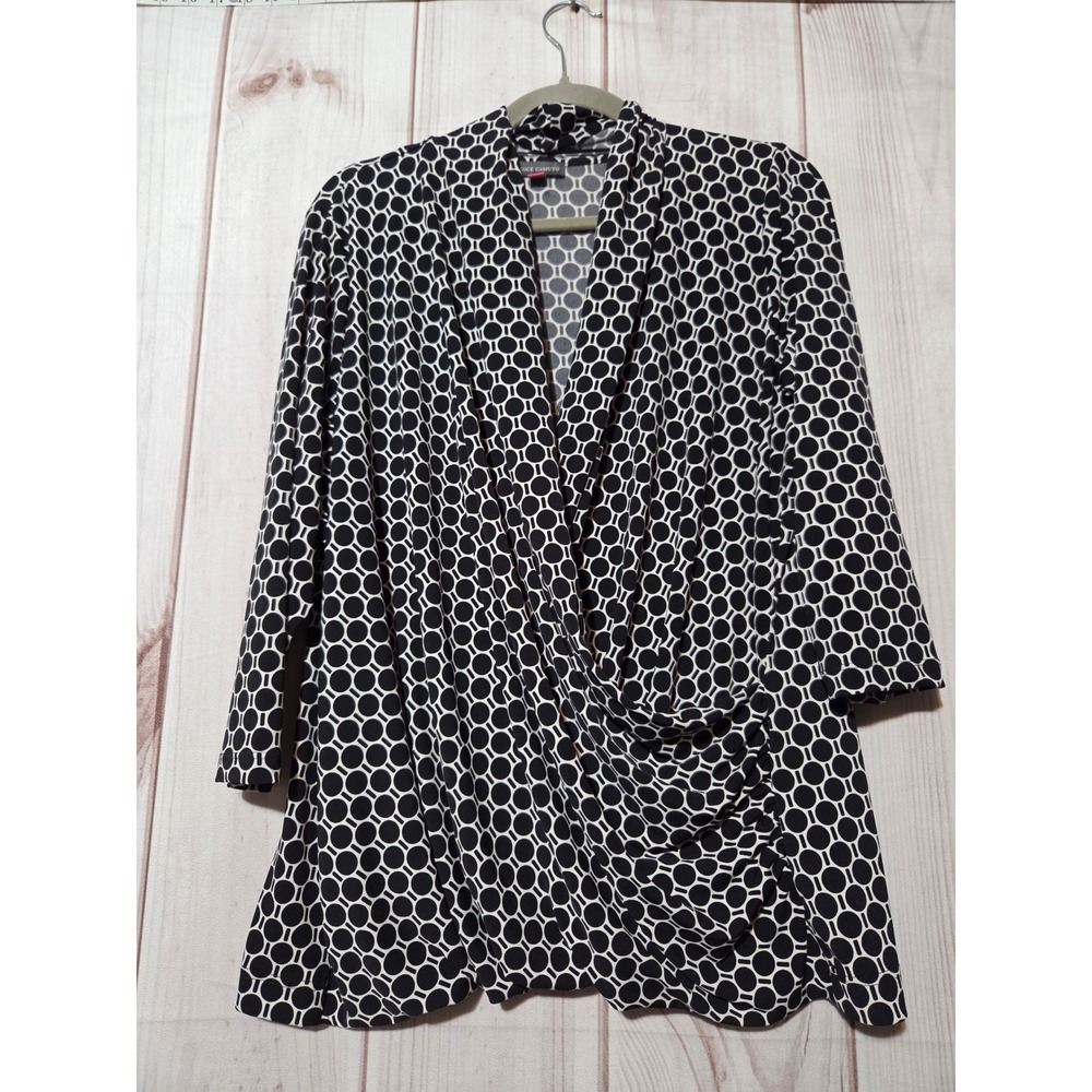 Vince Camuto Womens 1X Black‎ White Geometric Circle Draped Surplice Blouse Top